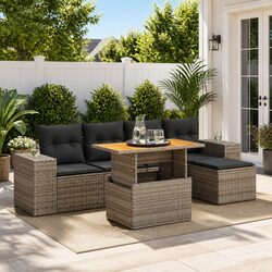 Durable 6 Piece Grey Poly Rattan Garden Sofa Set