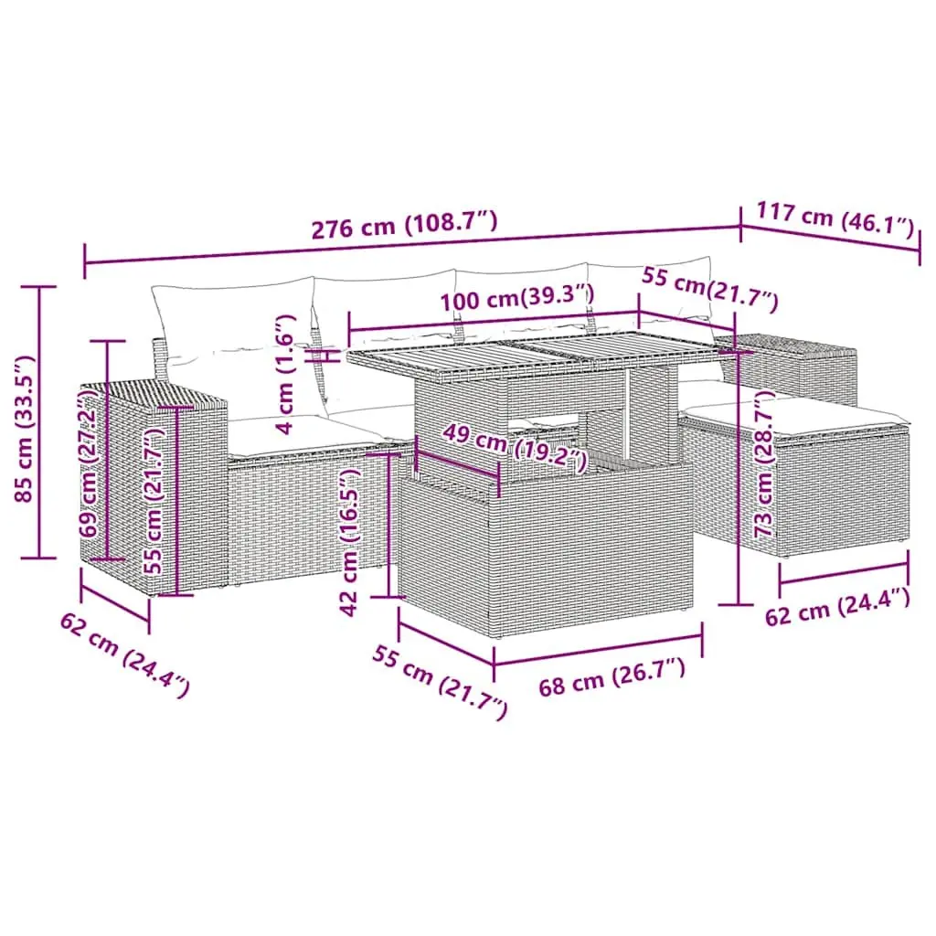 Garden Sofa Set PE Rattan 6 Piece Modular Outdoor Furniture Grey