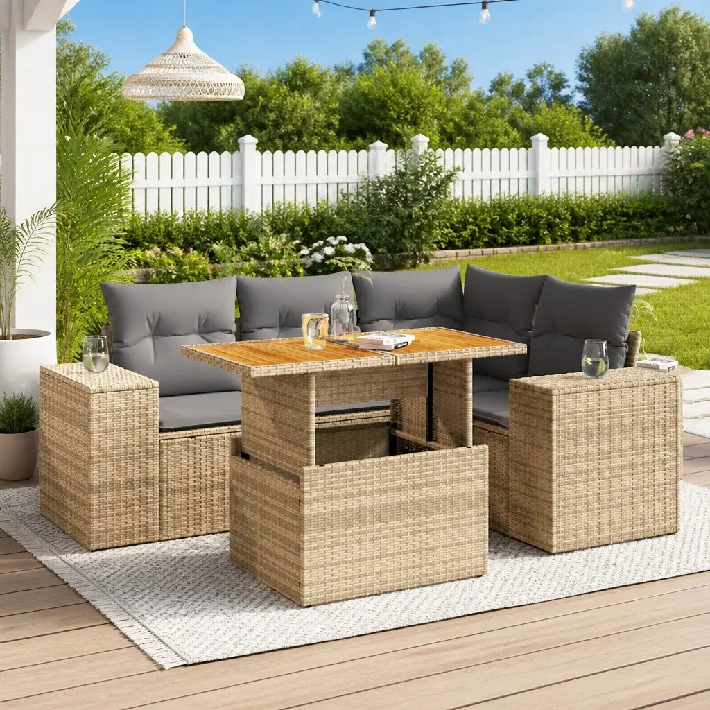 5-Piece Beige Poly Rattan Garden Sofa Set for Outdoors