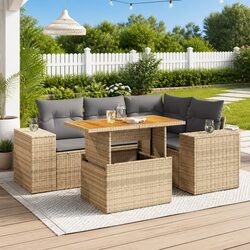 5-Piece Beige Poly Rattan Garden Sofa Set for Outdoors