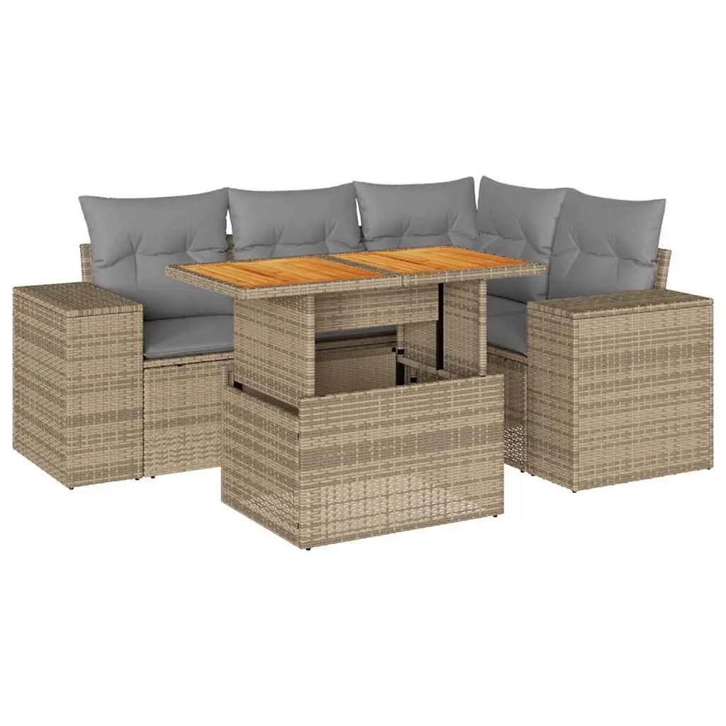 5-Piece Beige Poly Rattan Garden Sofa Set for Outdoors