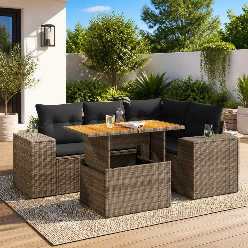 Garden Sofa Set PE Rattan 5 Piece Outdoor Furniture Grey with Cushions