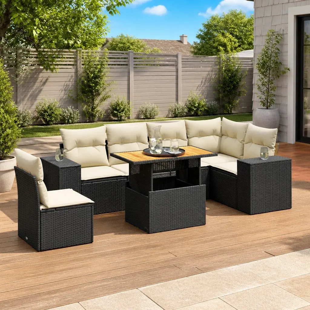 7 Piece Garden Sofa Set PE Rattan Black Modular Outdoor Furniture with Cushions