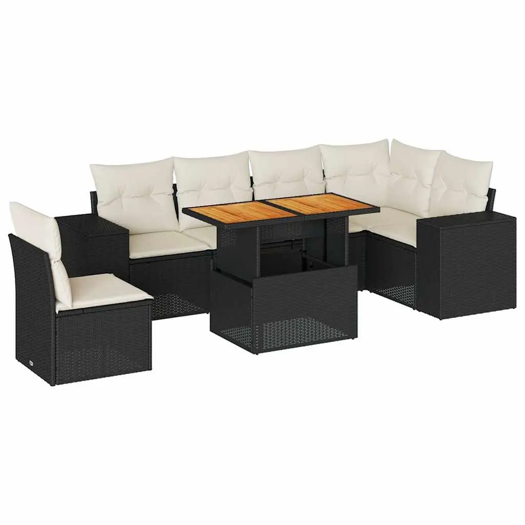 7 Piece Garden Sofa Set PE Rattan Black Modular Outdoor Furniture with Cushions