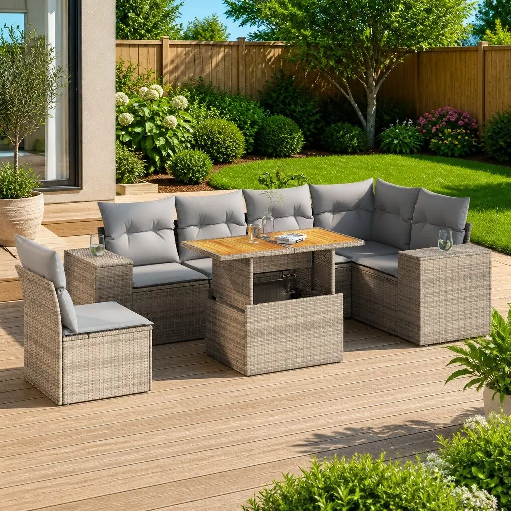 7 Piece Outdoor Sofa Set PE Rattan Beige Modular Patio Furniture with Cushions