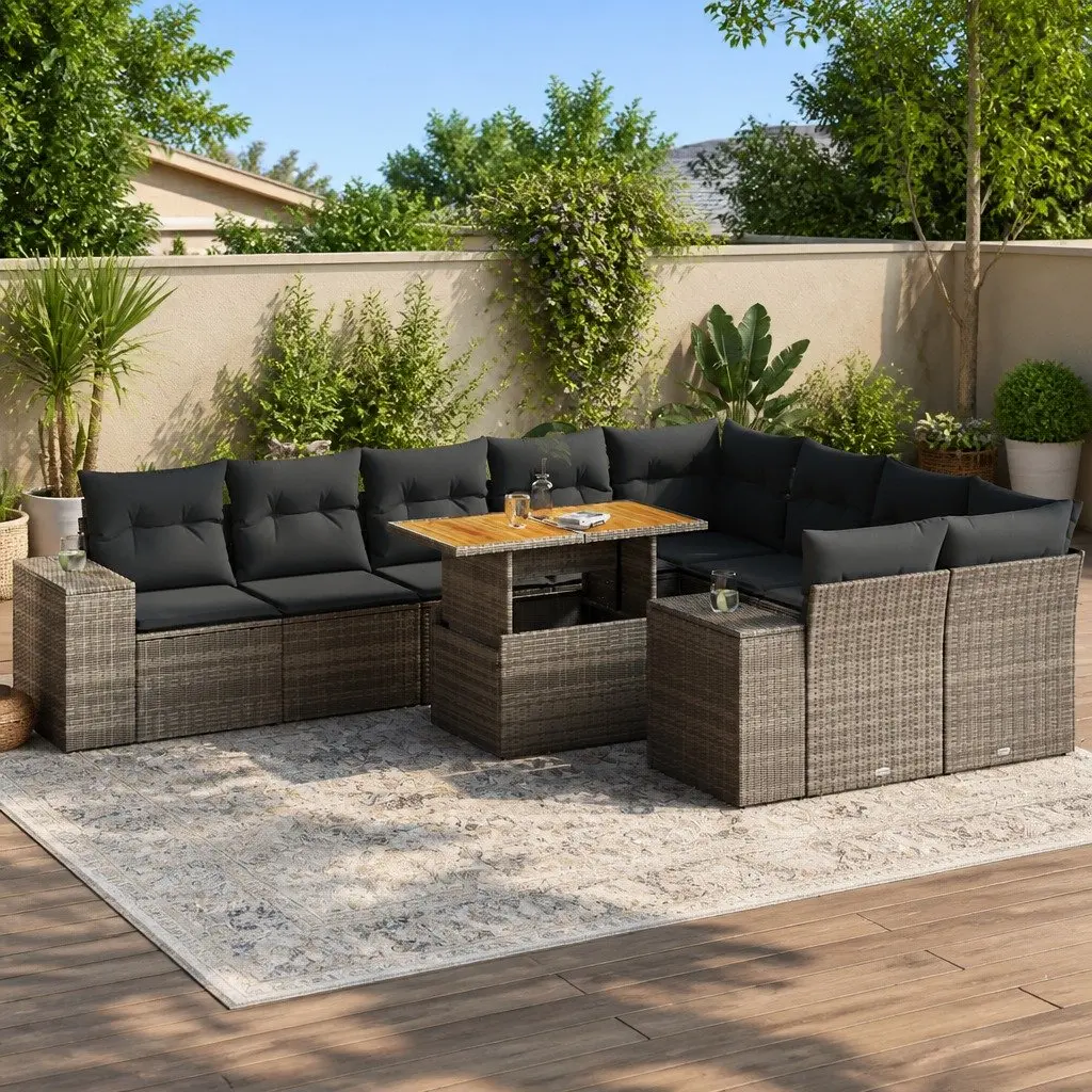 Garden Sofa Set PE Rattan 10 Piece Outdoor Furniture Grey Cushions Modular