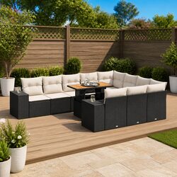 10-Piece Modular Black Poly Rattan Garden Sofa Set