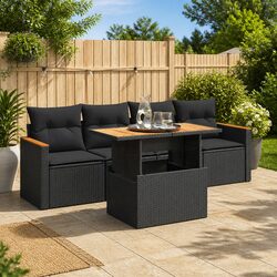 5-Piece Modular Black Rattan Garden Sofa Set