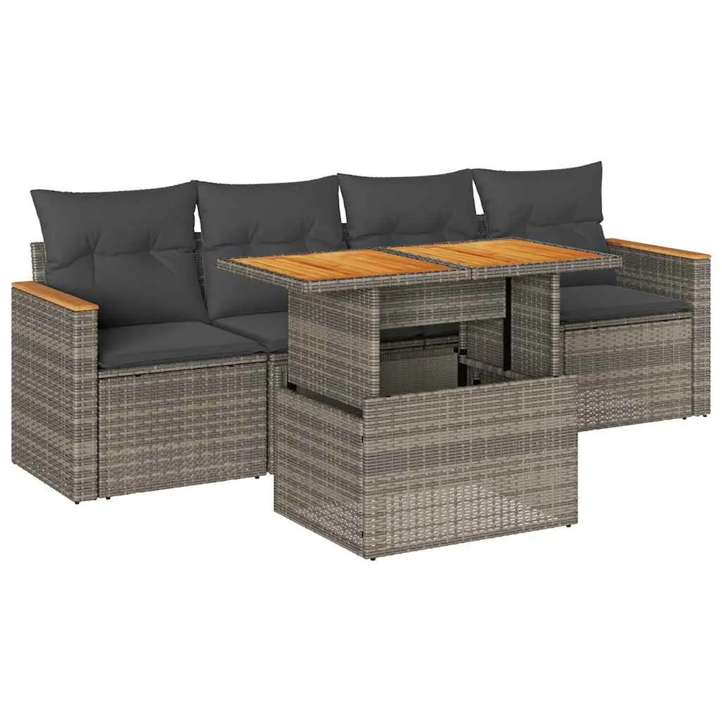 Outdoor Garden Sofa Set PE Rattan 5 Piece Grey with Cushions