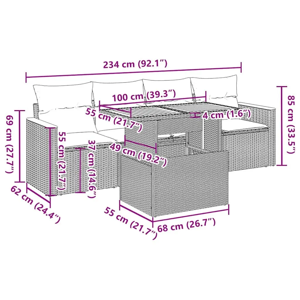 Outdoor Garden Sofa Set PE Rattan 5 Piece Grey with Cushions