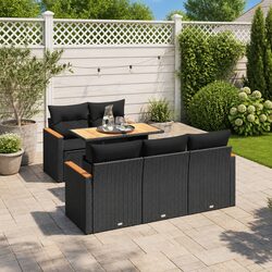 6-Piece Black Poly Rattan Garden Sofa Set with Cushions