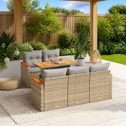 Beige Poly Rattan Garden Sofa Set 6 Piece Modular Patio