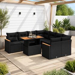 9-Piece Black Poly Rattan Garden Sofa Set with Cushions