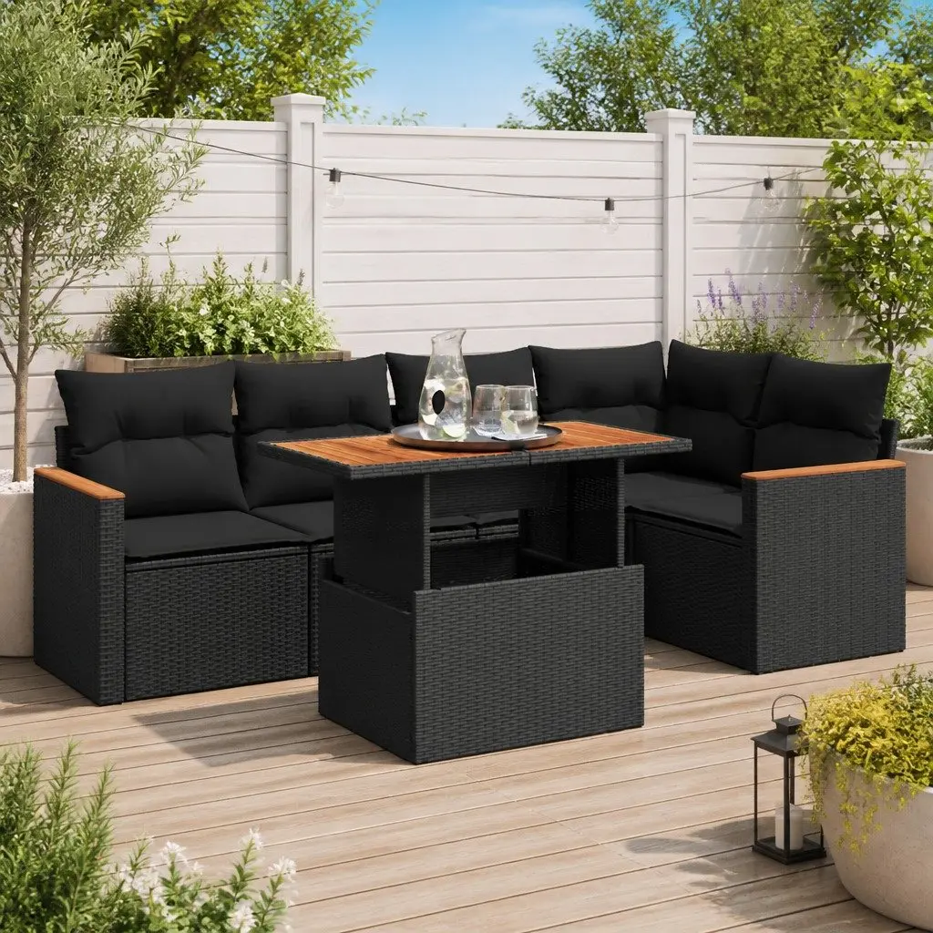 5 Piece Garden Sofa Set PE Rattan Acacia Wood Black Outdoor Patio Furniture