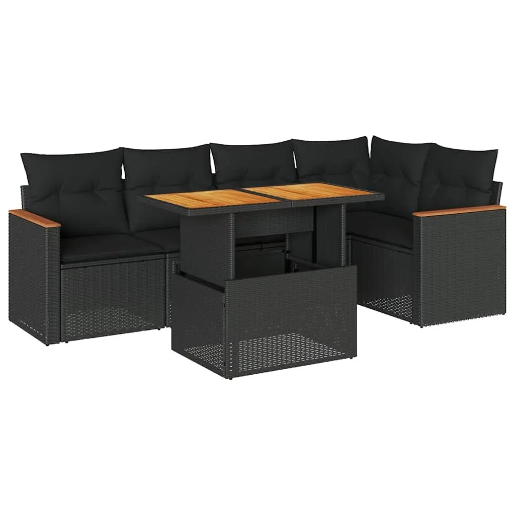 5 Piece Garden Sofa Set PE Rattan Acacia Wood Black Outdoor Patio Furniture