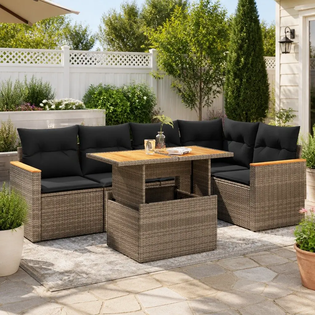 5-Piece Grey Poly Rattan Garden Sofa Set
