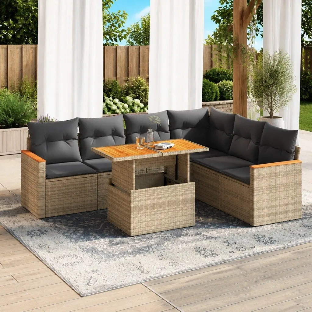 7-Piece Outdoor Garden Sofa Set in Beige Poly Rattan