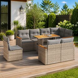 Durable 9 Piece Garden Sofa Set in Beige Poly Rattan