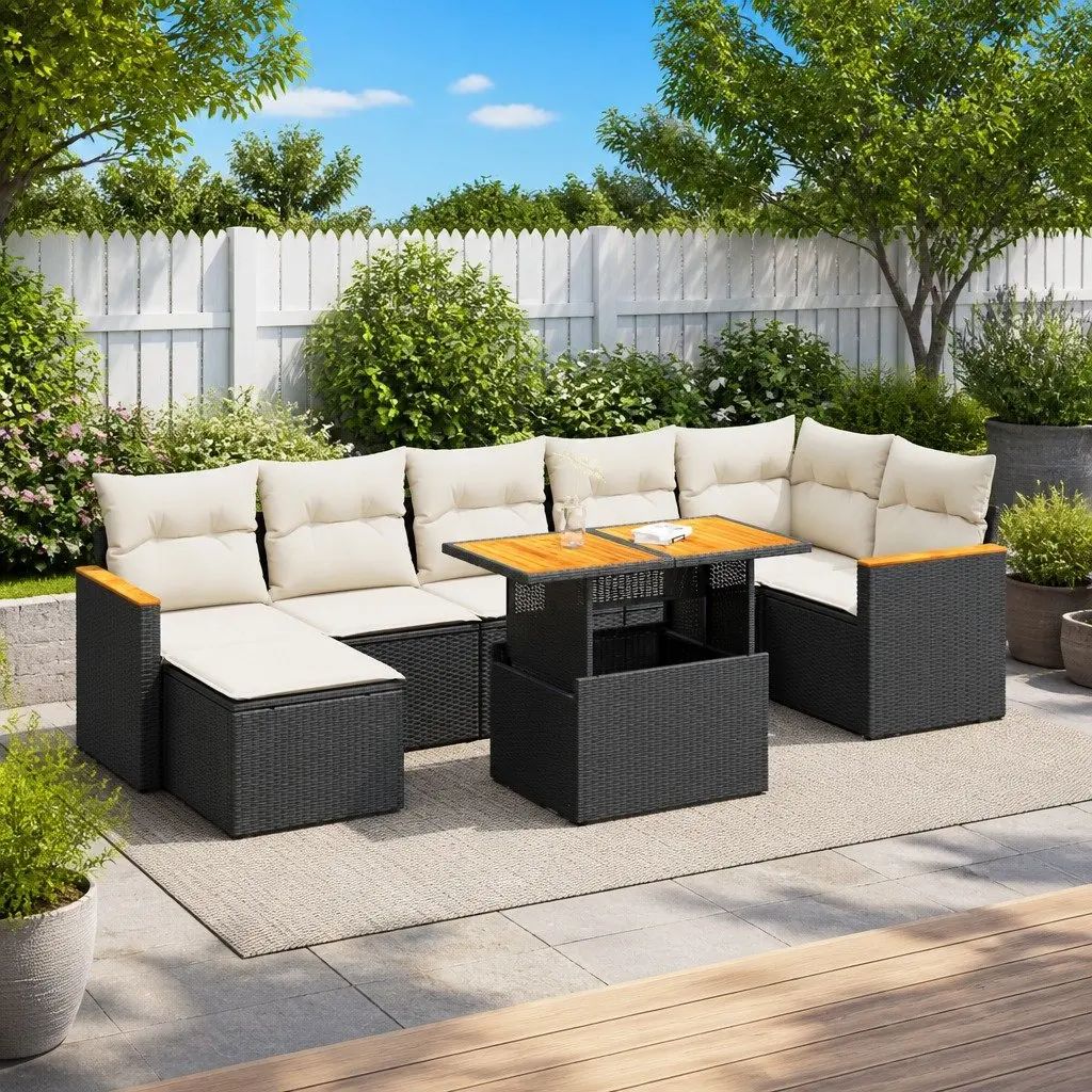 8 Piece Outdoor Garden Sofa Set PE Rattan Black with Storage Cushions