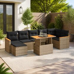 8-Piece Grey Poly Rattan Garden Sofa Set with Cushions