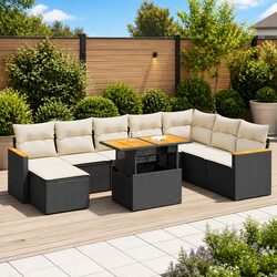9-Piece Modular Black Outdoor Sofa Set with Cushions