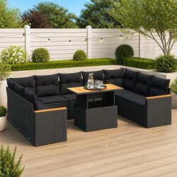 10-Piece Black Poly Rattan Garden Sofa Set with Cushions