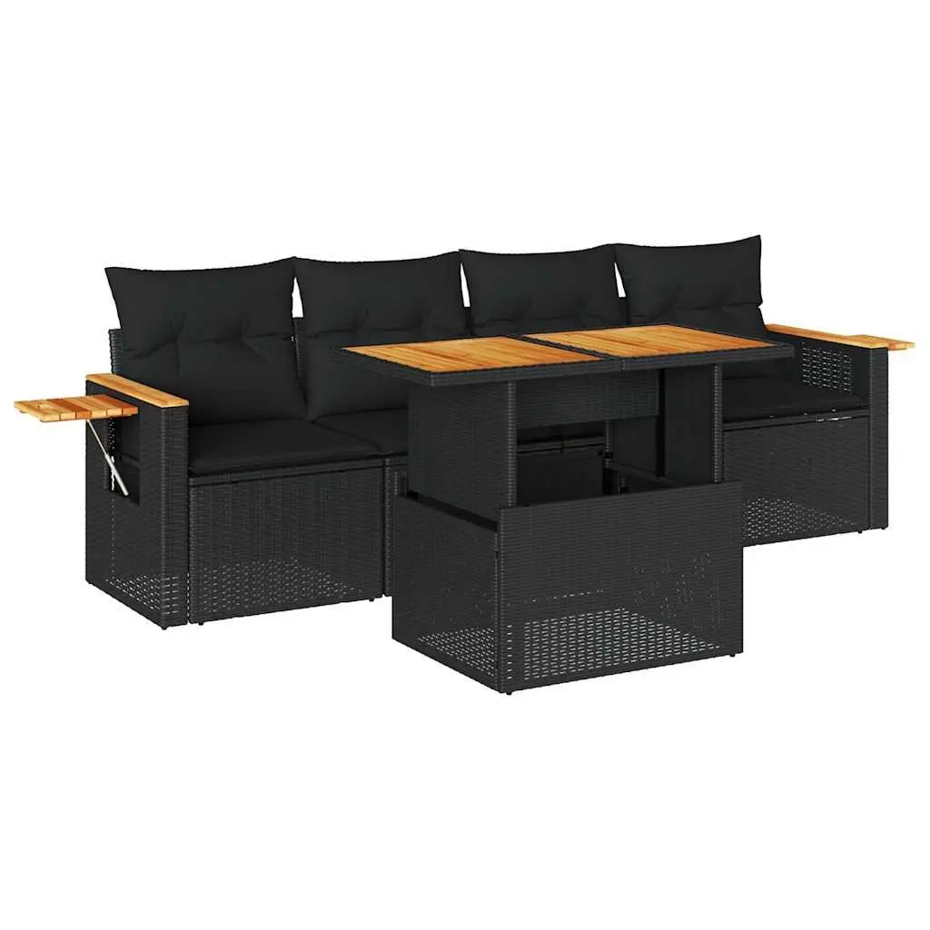 Garden Sofa Set 5 Piece Outdoor Furniture Black Poly Rattan with Cushions