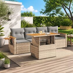 Beige 5 Piece Rattan Garden Sofa Set with Cushions