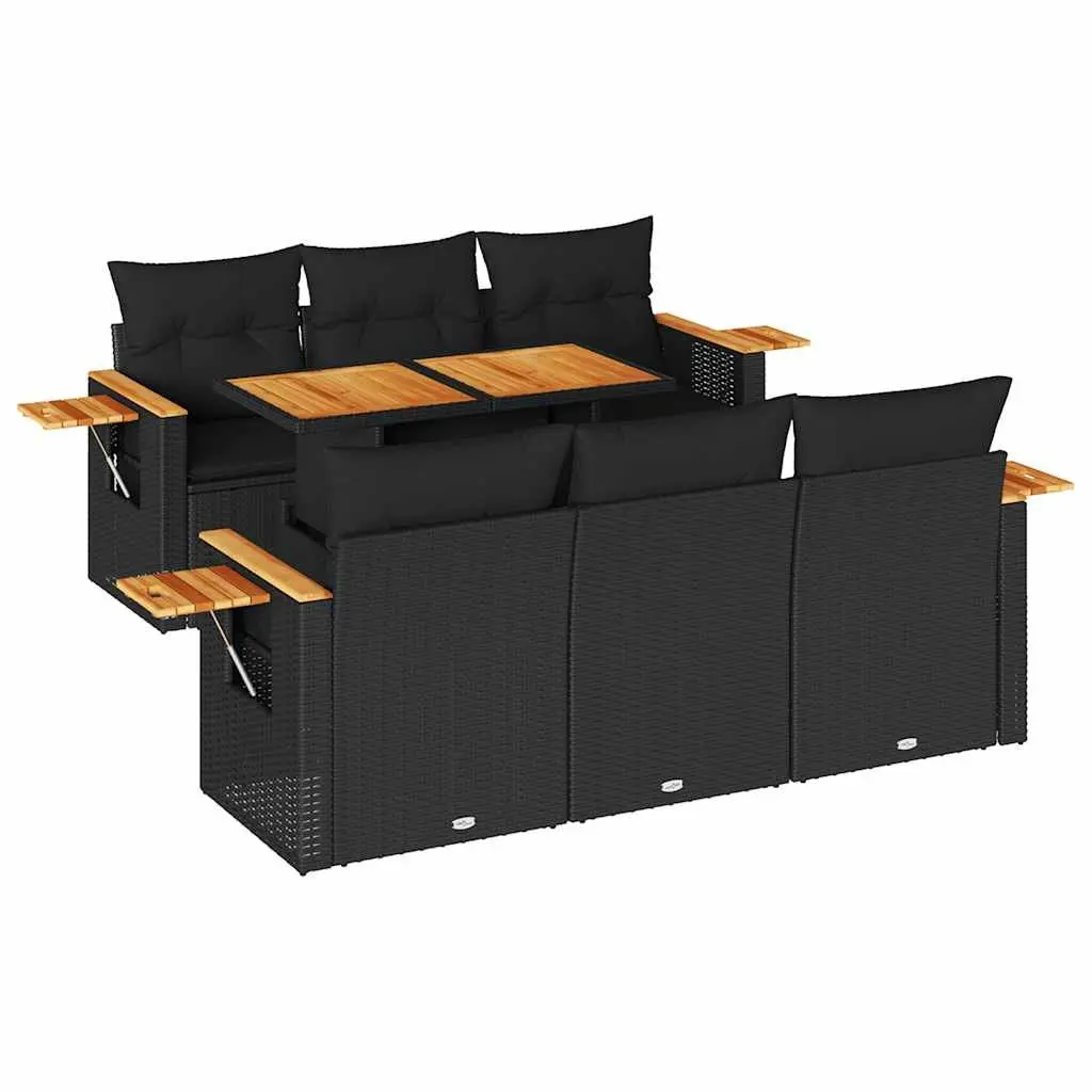 7 Piece Garden Sofa Set Poly Rattan Acacia Wood Black