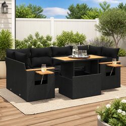 7-Piece Black Poly Rattan Garden Sofa Set