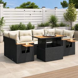 Premium 7 Piece Black Garden Sofa Set in Poly Rattan