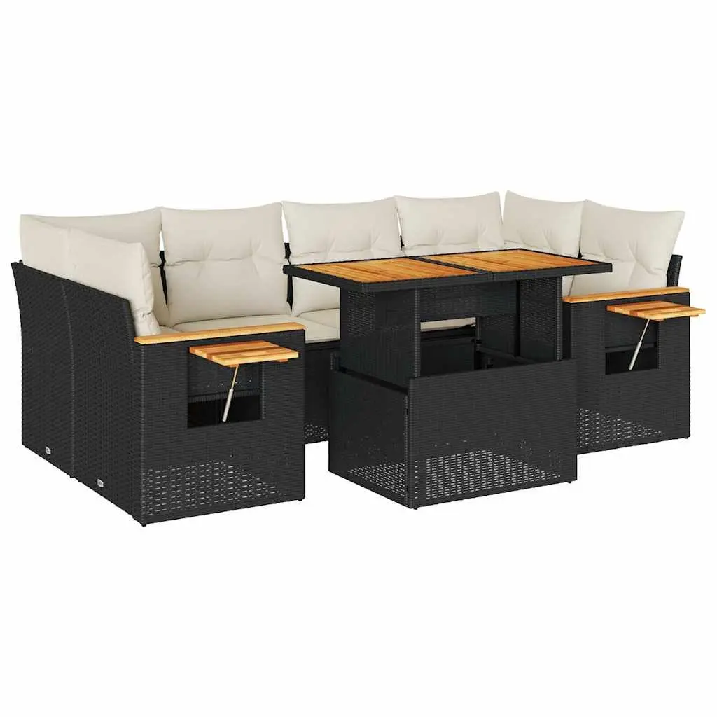 7 Piece Black Garden Sofa Set in Poly Rattan