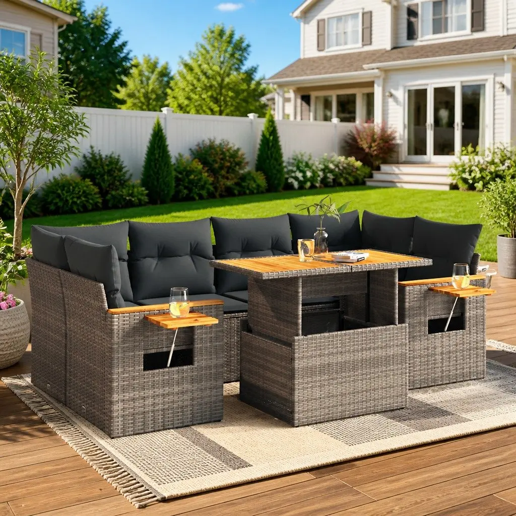 7 Piece Garden Sofa Set Grey PE Rattan Outdoor Furniture with Cushions and Storage