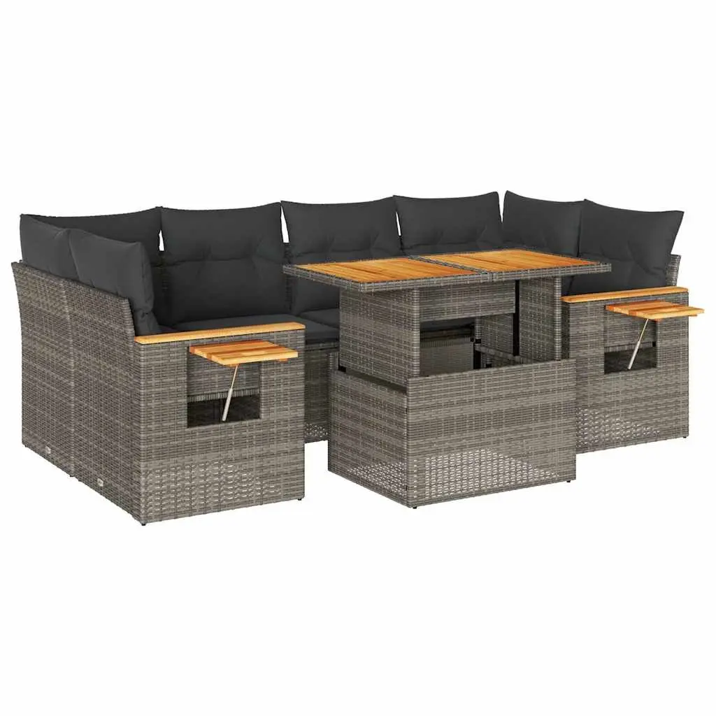 7 Piece Garden Sofa Set Grey PE Rattan Outdoor Furniture with Cushions and Storage