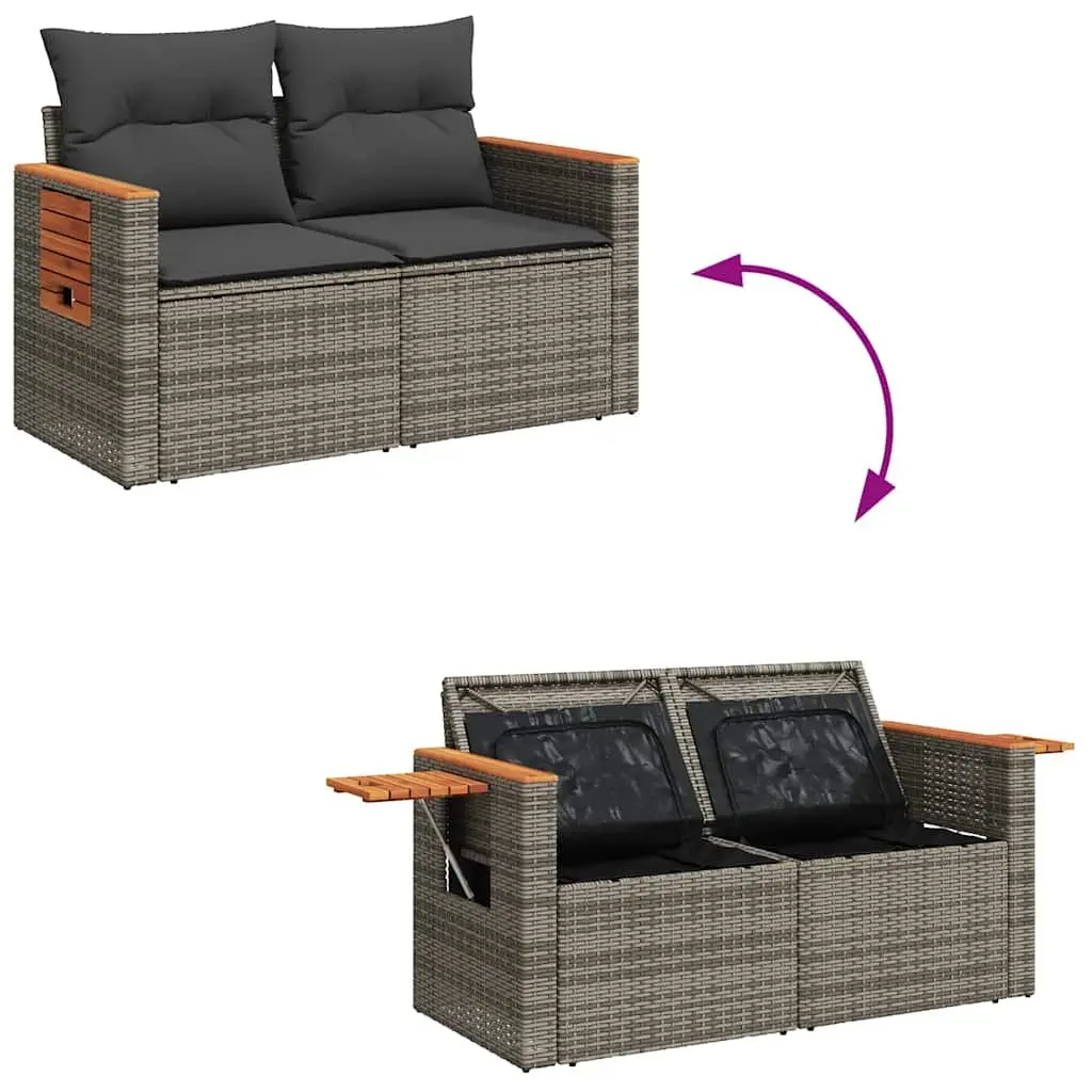 7 Piece Garden Sofa Set Grey PE Rattan Outdoor Furniture with Cushions and Storage