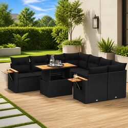 Premium 9 Piece Black PE Rattan Garden Sofa Set