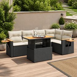 5-Piece Black Poly Rattan Garden Sofa Set with Cushions