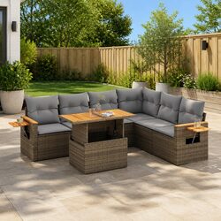 Beige 6 Piece Garden Sofa Set with Cushions and Storage