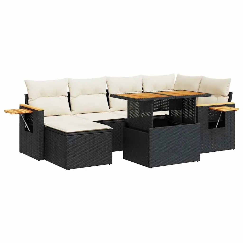 7 Piece Garden Sofa Set PE Rattan Black with Cushions