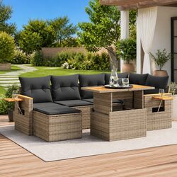 Grey Poly Rattan 7-Piece Garden Sofa Set with Storage
