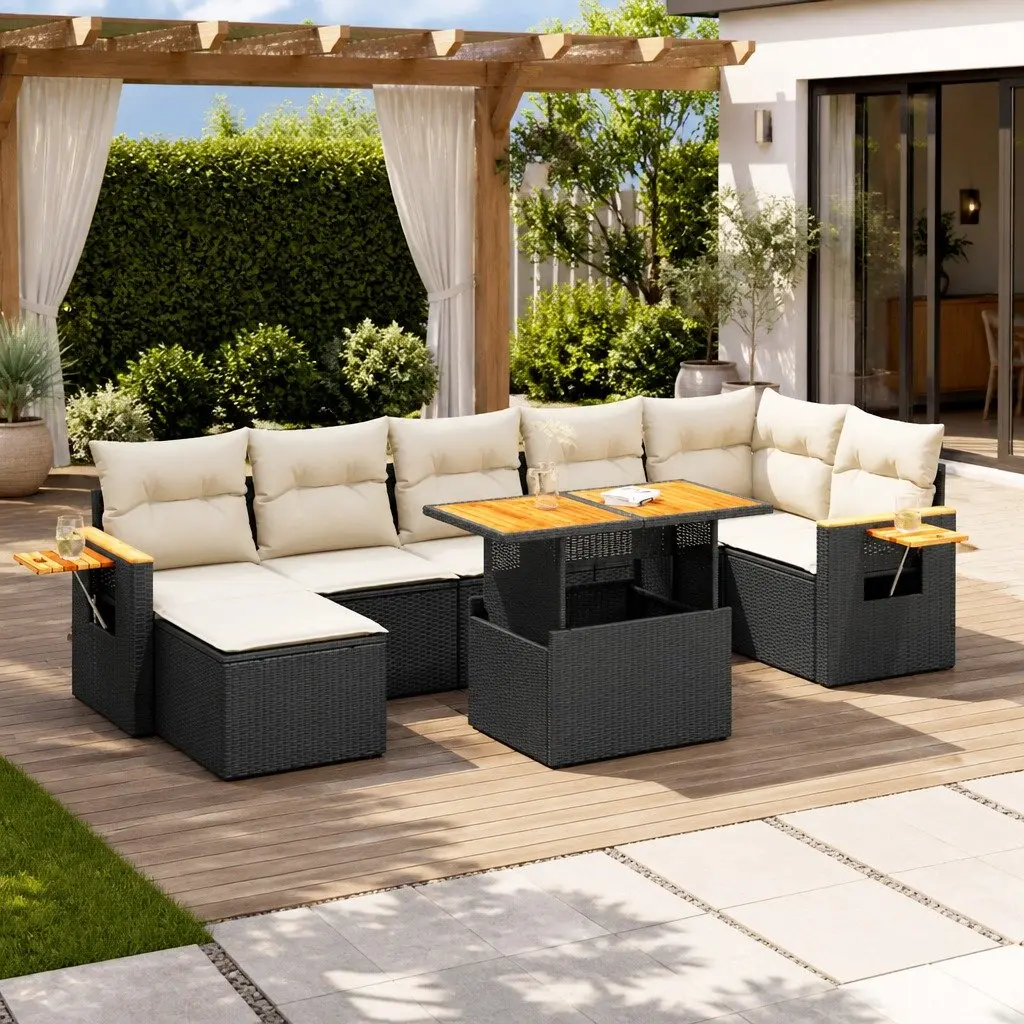 Outdoor Furniture PE Rattan 8 Piece Garden Sofa Set Black with Storage