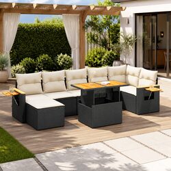 8-Piece Black Poly Rattan Garden Sofa Set with Storage