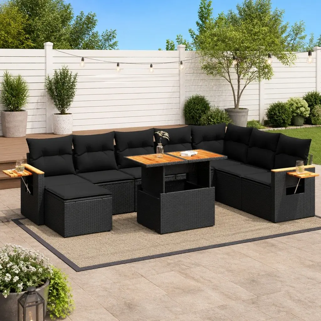 Garden Sofa Set 9 Piece Outdoor Furniture Black Poly Rattan with Cushions