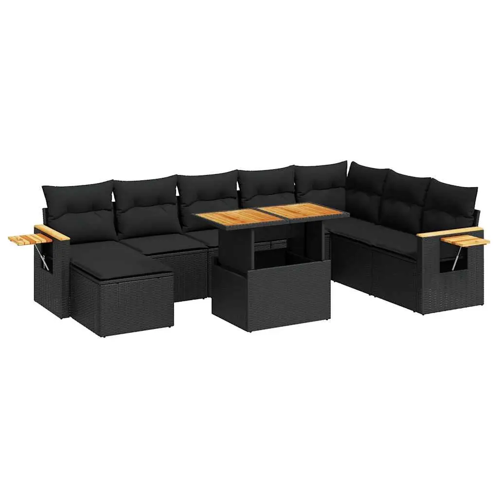 Garden Sofa Set 9 Piece Outdoor Furniture Black Poly Rattan with Cushions