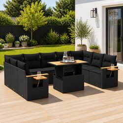 10-Piece Black Poly Rattan Garden Sofa Set for Outdoors