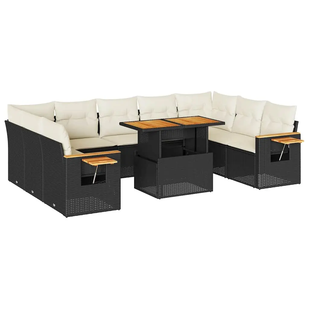 10-Piece Black Poly Rattan Garden Sofa Set