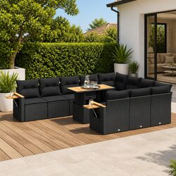 Outdoor Garden Sofa Set 10 Piece Black Poly Rattan Patio Furniture with Cushions