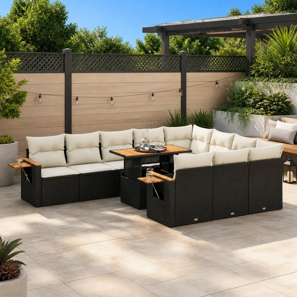 Modular 10-Piece Black Rattan Garden Sofa Set