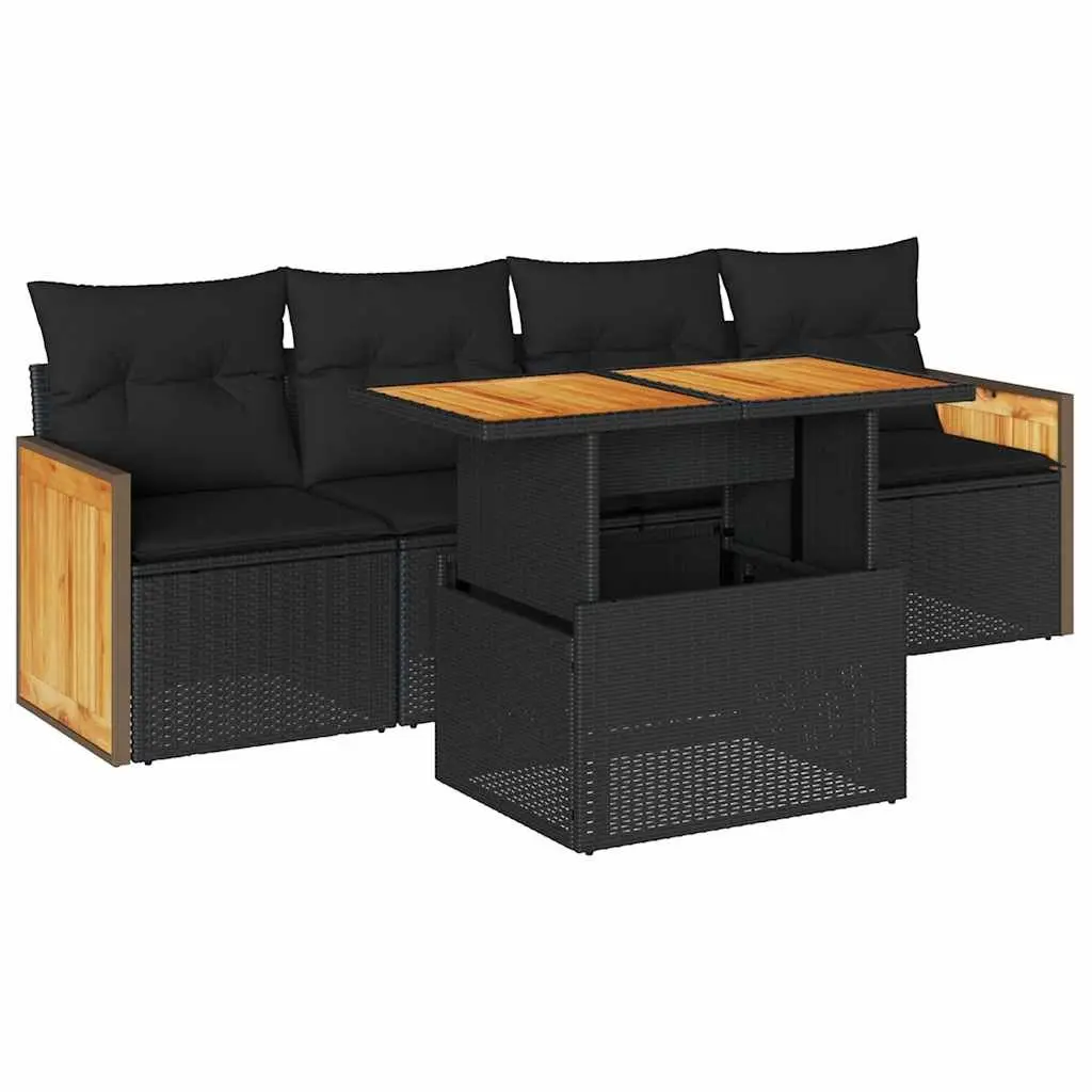 5 Piece Garden Sofa Set PE Rattan Acacia Wood Modular Black Outdoor