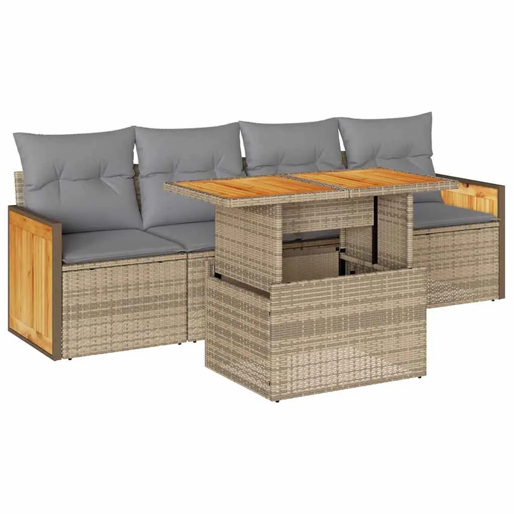 Garden Sofa Set PE Rattan 5 Piece Outdoor Furniture Modular Beige Cushions